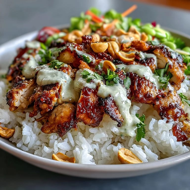 Cubed grilled chicken rests on fluffy coconut rice with red cabbage, carrots, and cucumber, next to a bowl of rich peanut sauce.