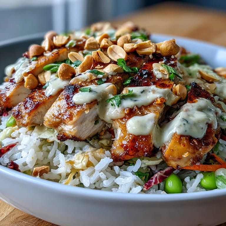 Vibrant bowl of coconut rice and grilled chicken with fresh vegetables and a creamy peanut drizzle, garnished with lime and chopped peanuts.