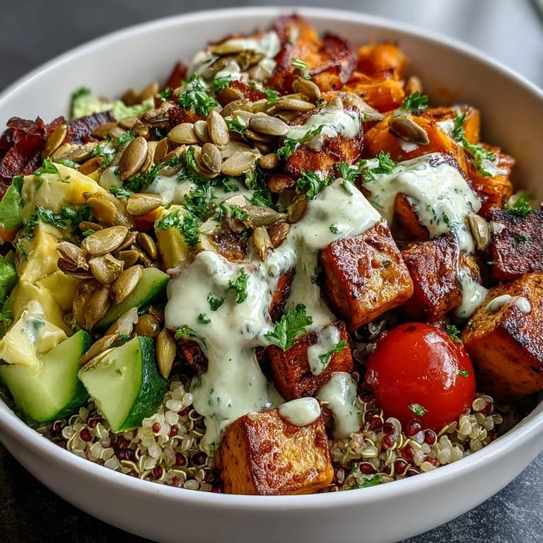 Fork showing a Customizable Grain Bowl with quinoa, roasted chicken, and fresh veggies over a rustic wooden board.