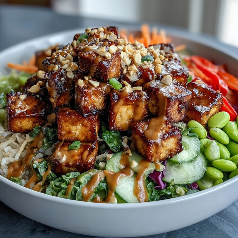 A close-up of golden tofu and fresh carrots over grains showcases this delicious Peanut Tofu Power Bowl, served with a side of luscious peanut sauce.