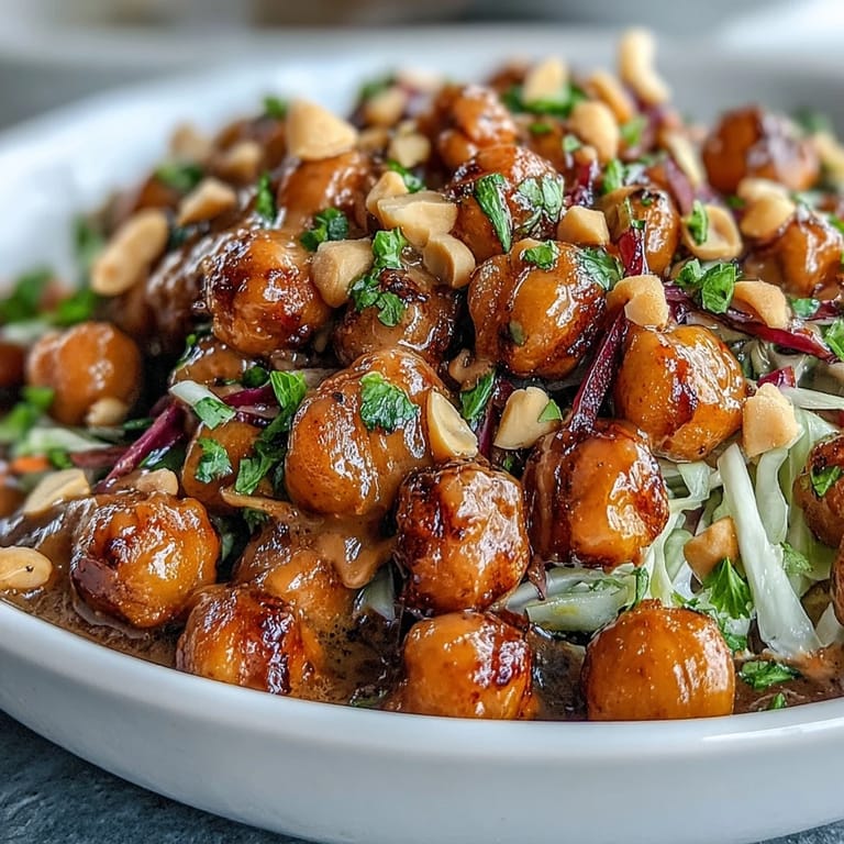 A close-up of a hearty Peanut Chickpea Protein Bowl topped with chopped peanuts and sesame seeds, served with a lime wedge.