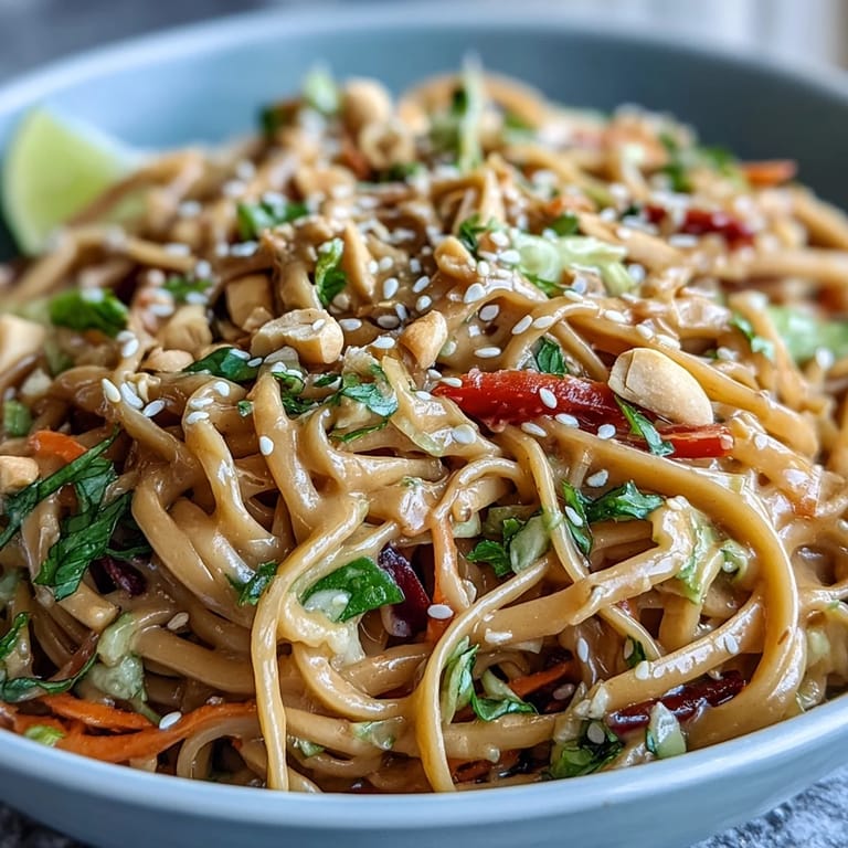 A vibrant bowl of Asian Peanut Noodle Bowl topped with fresh cilantro and scallions, served alongside a spoon for a delicious vegetarian lunch or dinner.