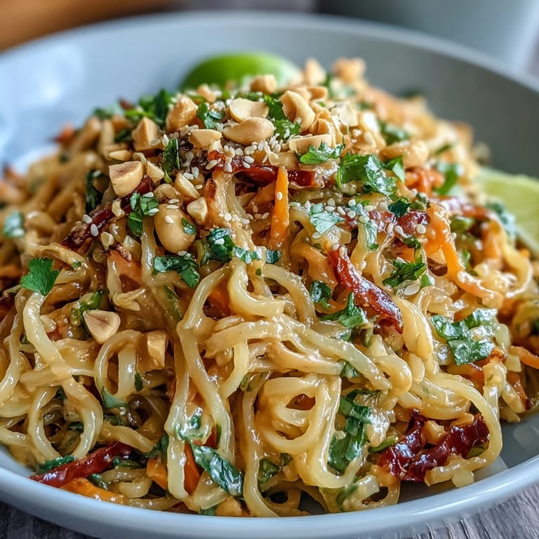 Close-up view of colorful Asian Peanut Noodle Bowl featuring bean sprouts and sesame seeds, highlighting the rich textures of the savory peanut dressing coating the noodles.