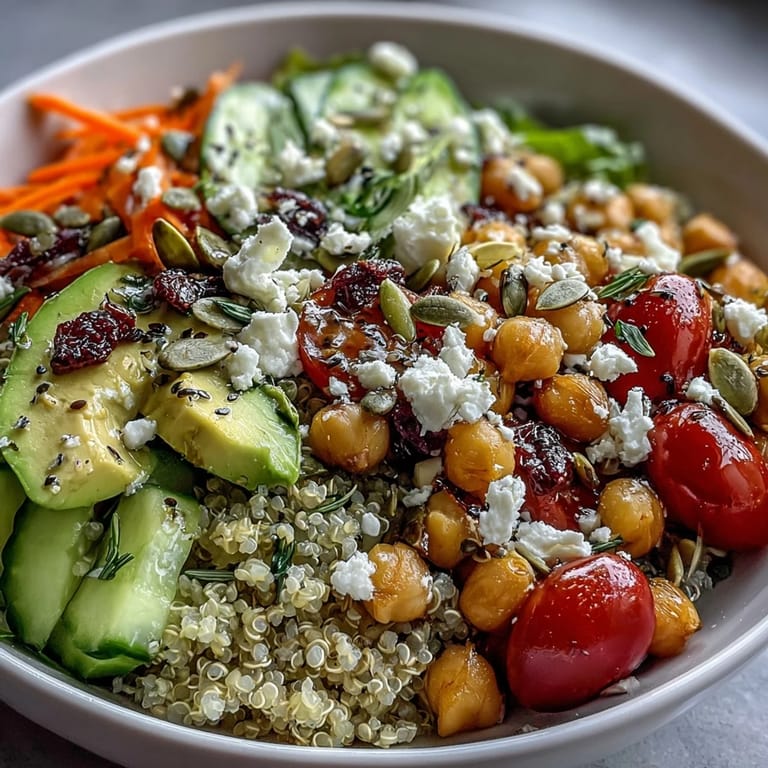 Colorful Simple Grain Bowl topped with grilled chicken, cherry tomatoes, and herbs, drizzled with lemony dressing.