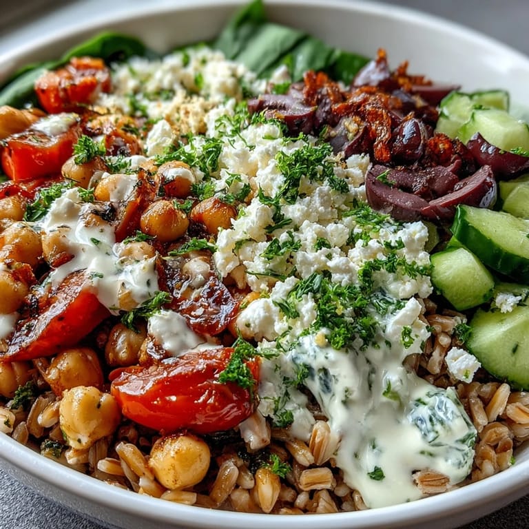 An easy homemade Mediterranean Farro Bowl with tender grains and fresh vegetables, garnished with chopped parsley and ready for a nutritious lunch or dinner.