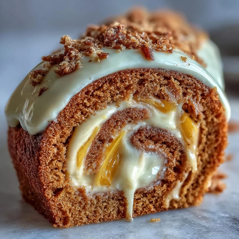 Fresh mango strips peek from the spiral of Hojicha Roll Cake beside a warm cup of hojicha tea.