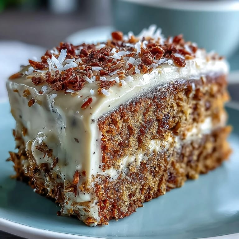 A vegan gluten-free hojicha latte cake with creamy coconut frosting, sitting on a rustic wooden table, perfect for an afternoon treat.