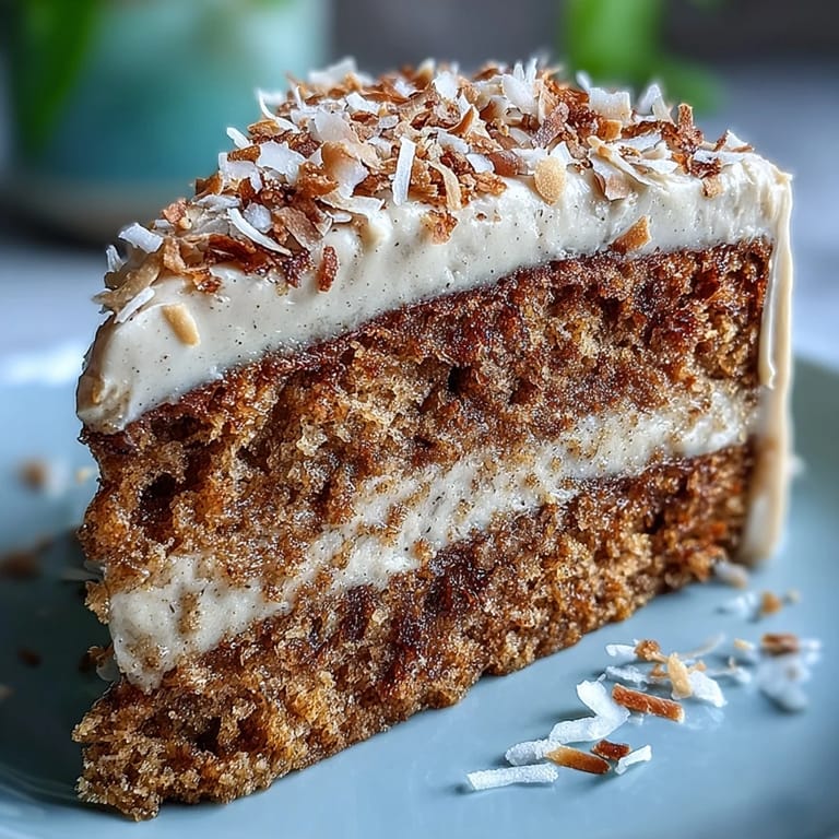 A thick slice of moist hojicha latte cake with fluffy coconut frosting on a white plate, ready to be served with a hot beverage.