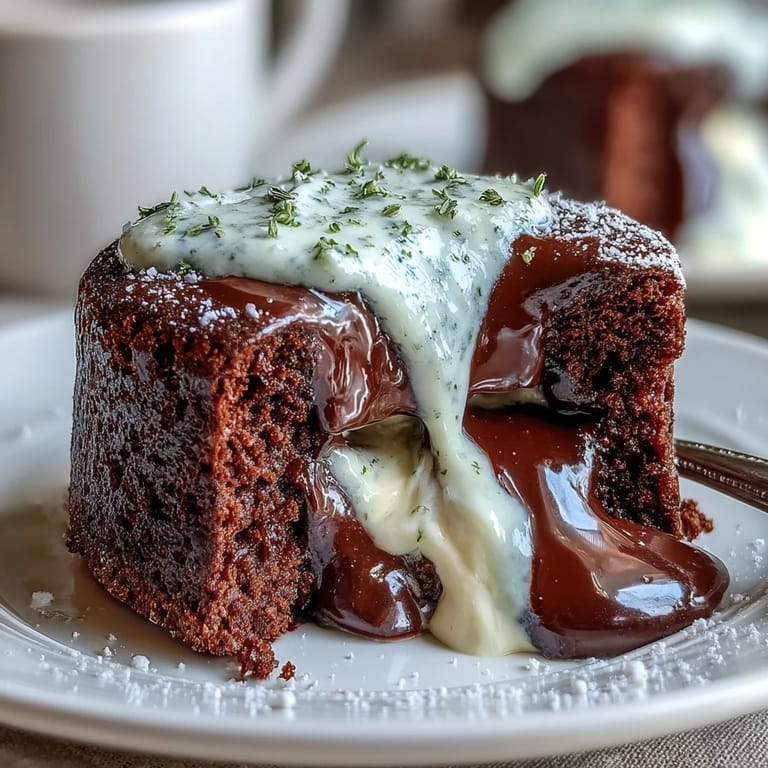 Dark chocolate dusted Hojicha Lava Cake with a rich roasted green tea ganache center flowing onto a rustic wooden board.