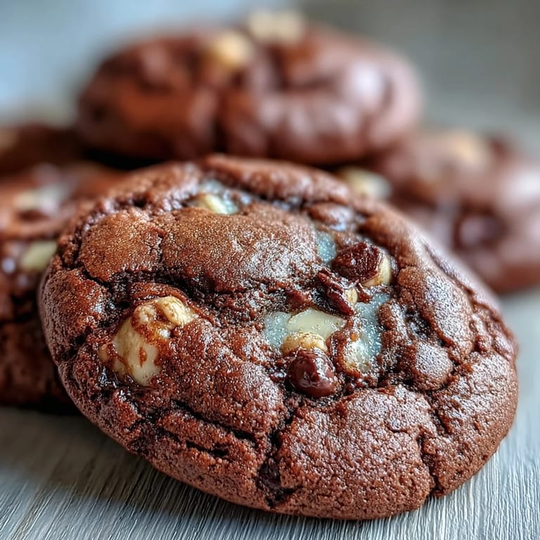 A close-up of Hojicha Brownie Cookies revealing a chewy center and melty white chocolate.