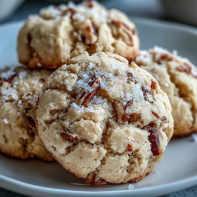 A close-up of Hojicha Shortbread rounds drizzled with melted white chocolate and lightly sprinkled with sea salt.