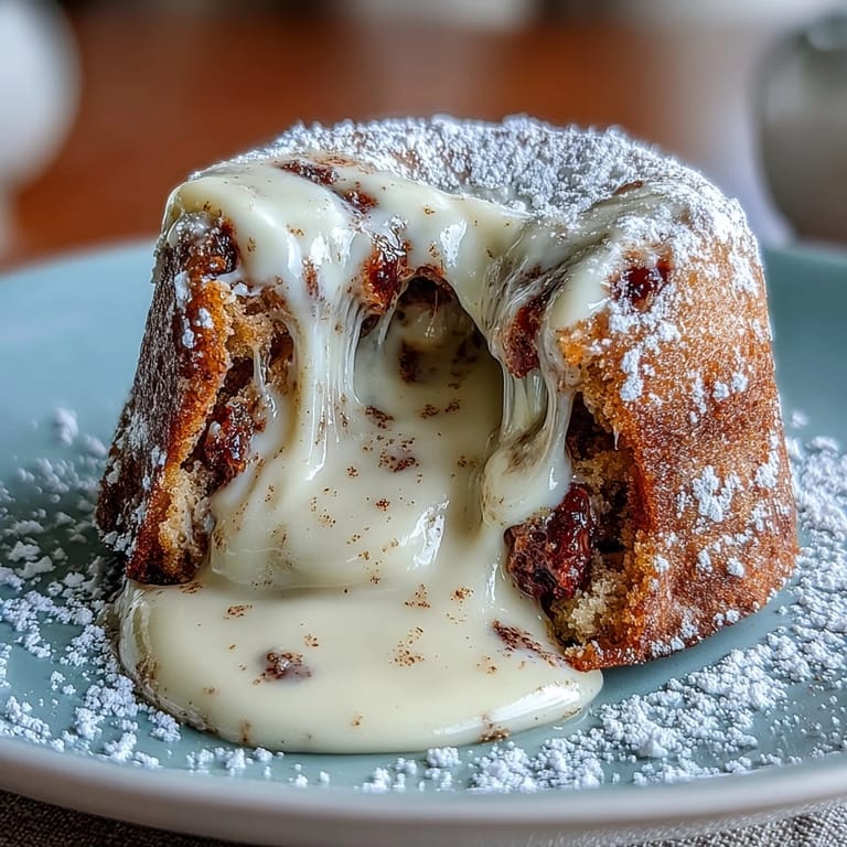 Inverted Hojicha White Chocolate Lava Cake on a plate, dusted with powdered sugar and fresh raspberries.