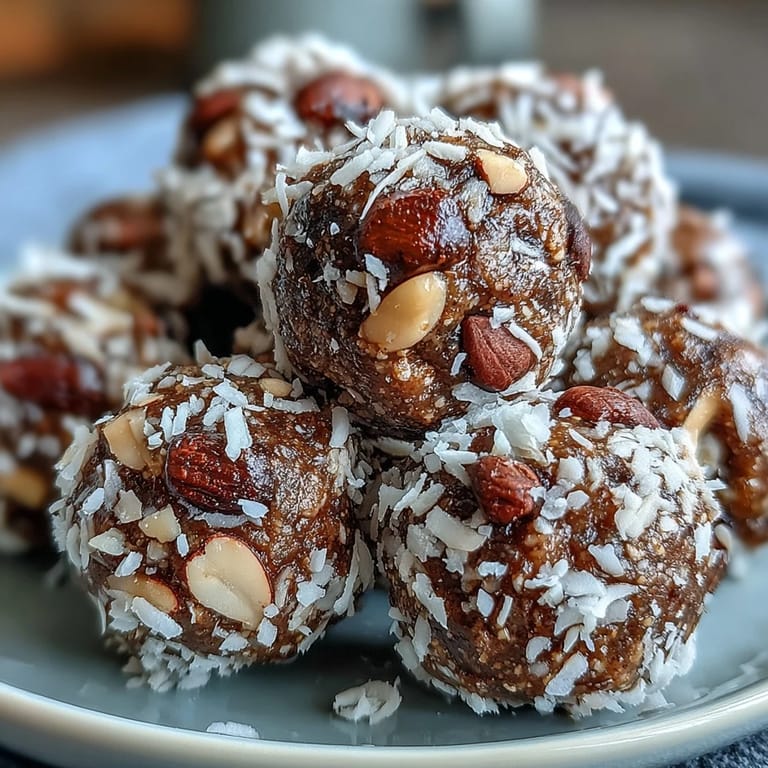 A close-up of a bitten Hojicha Energy Ball showing sticky Medjool dates and chopped almonds with a roasted hojicha finish.