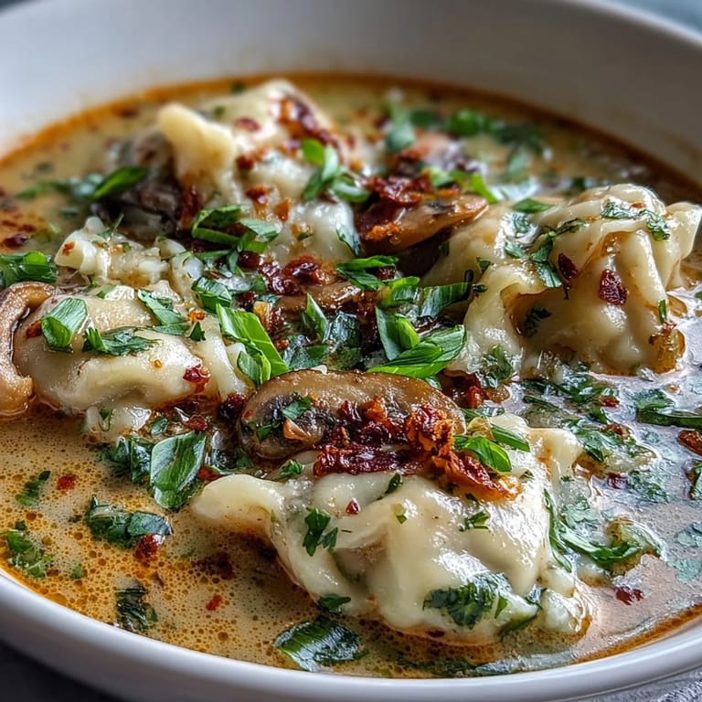 Quick Coconut Curry Soup with Dumplings ready to eat, topped with crunchy garlic and sliced scallions.