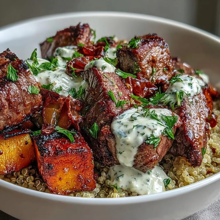 A warm bowl of Savory Butternut Squash & Garlic Herb Steak Bowls with golden, tender squash, fluffy quinoa, and juicy steak cubes.