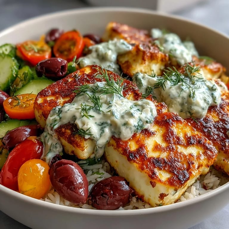 Sizzling pan-seared halloumi cheese creates the star of this vibrant Greek Halloumi Power Bowl lunch.