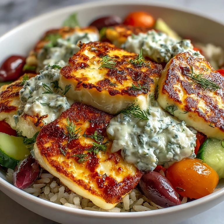 Ready-to-eat Greek Halloumi Power Bowl garnished with cucumbers, olives, and warm pita wedges for dipping.