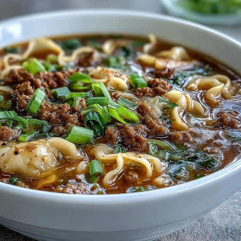 Close-up of One-Pot Egg Roll Soup showing tender pork and shredded cabbage in a savory ginger broth.