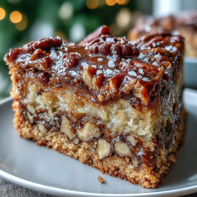 Golden brown Christmas Toffee Crunch Cake layers dusted with powdered sugar sit on a rustic wooden serving board.
