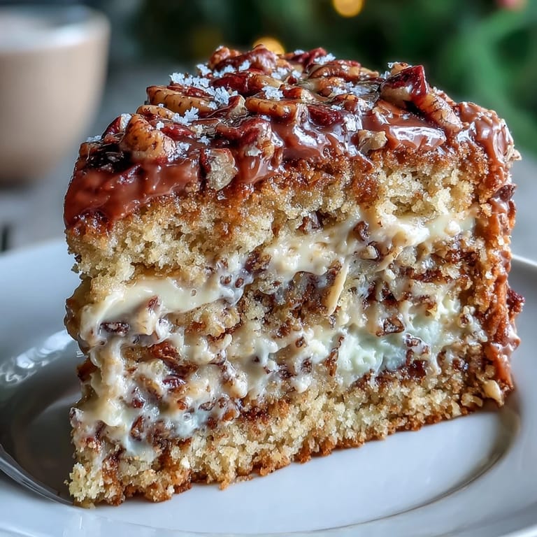 A moist slice of Christmas Toffee Crunch Cake topped with caramel drizzle and vanilla ice cream on a festive plate.