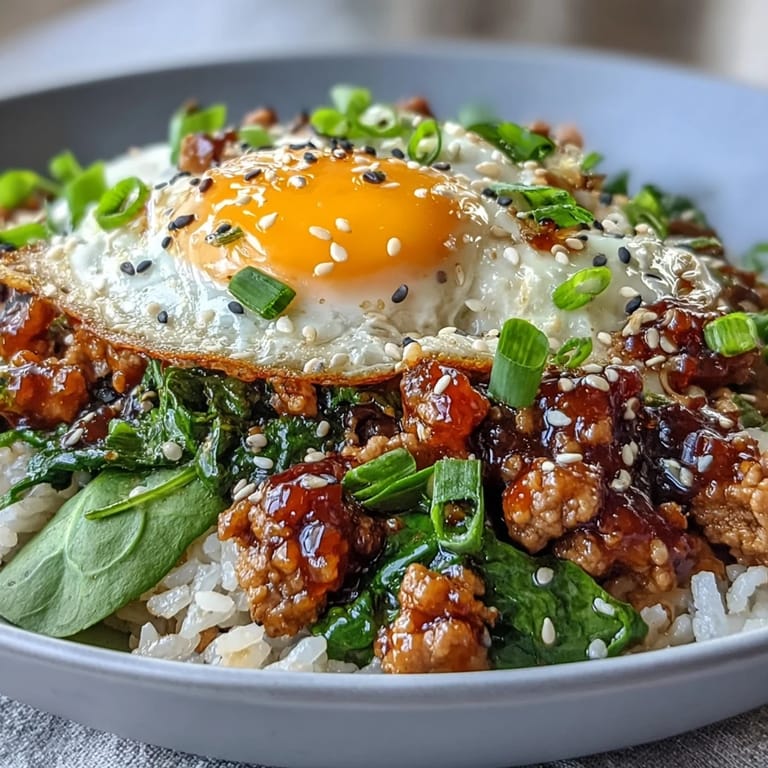 Sizzling one-pan Creamy Korean Turkey Rice Skillet served with kimchi and halved jammy eggs.