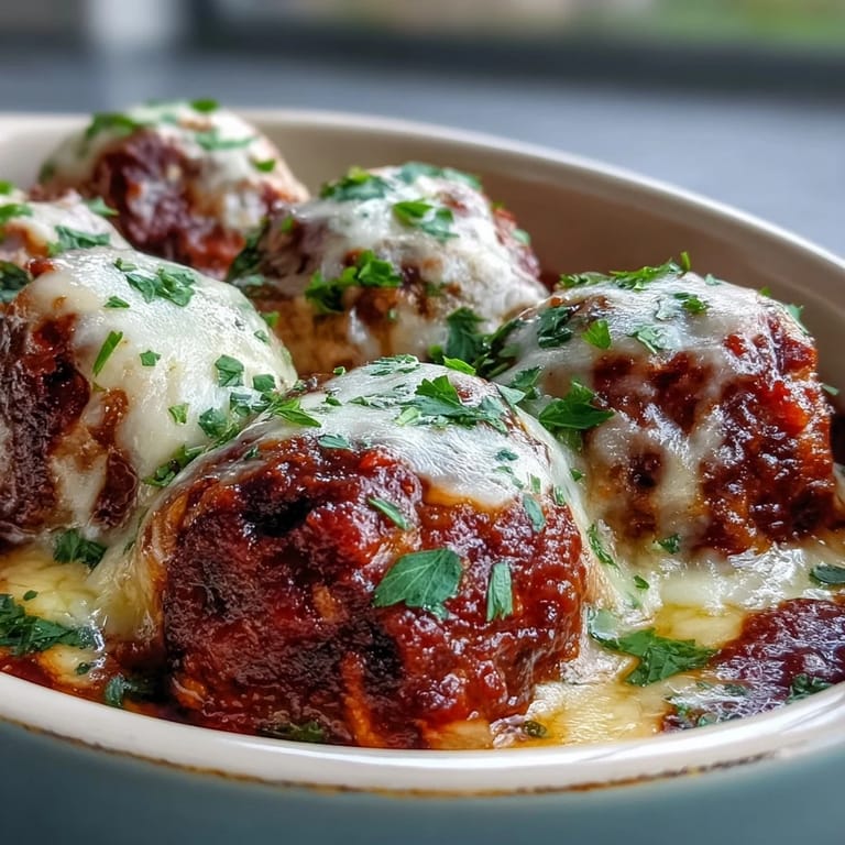 Golden-baked spicy chicken parm meatballs served over spaghetti with extra Parmesan.