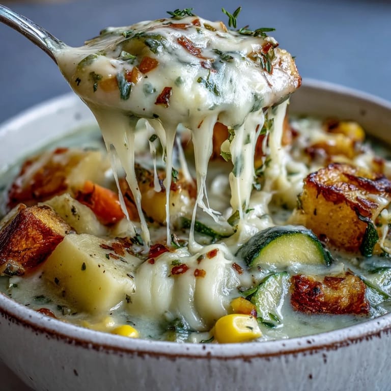 A spoon dips into Creamy Garlic Parmesan Veggie Soup, showing the rich, cheesy broth with tender corn and peas.