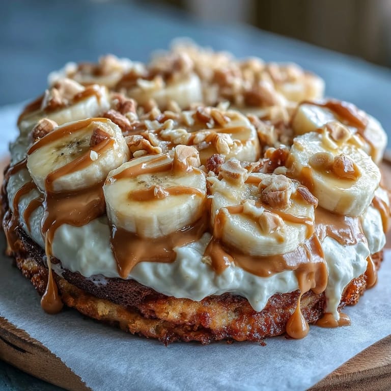 Freshly sliced bananas and a peanut butter drizzle garnish this warm High-Protein Breakfast Pizza Bowl.