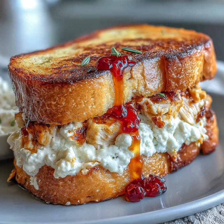 A close-up of the Goat Cheese & Hot Honey Chicken Grilled Cheese with melty goat cheese oozing from crispy golden sourdough.
