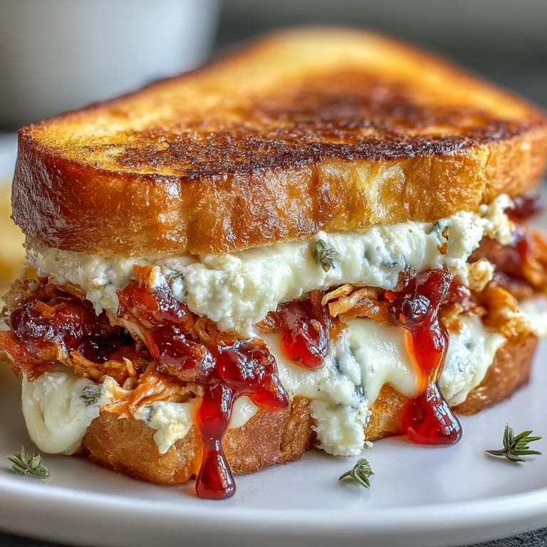 Goat Cheese & Hot Honey Chicken Grilled Cheese served on a white plate with a drizzle of extra hot honey and fresh herbs.