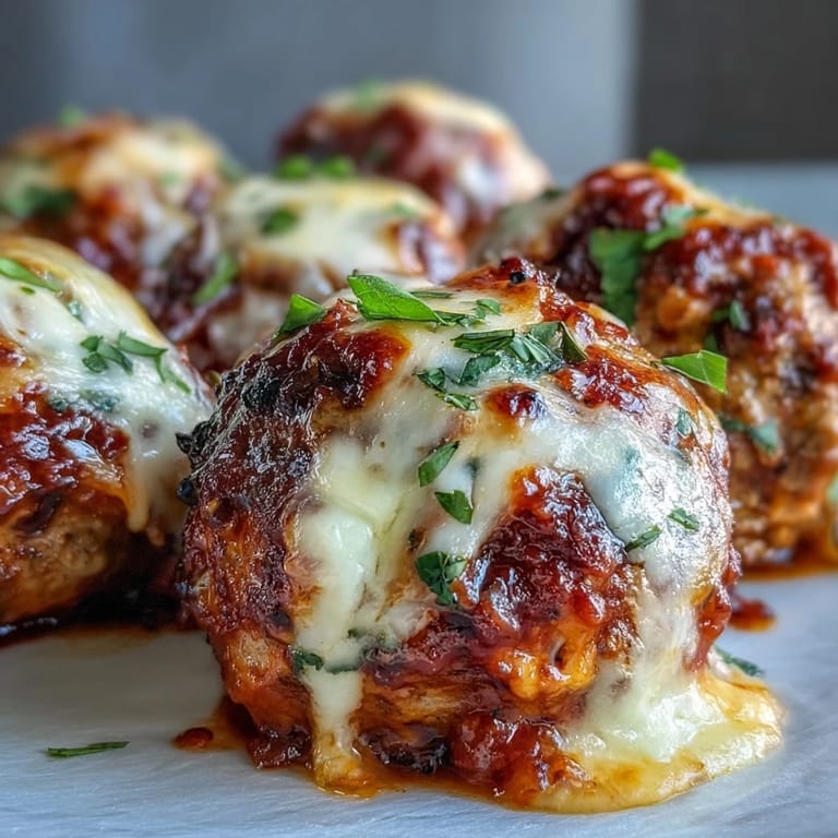 Melted mozzarella blankets Baked Spicy Chicken Parm Meatballs in a red sauce, steam rising invitingly.