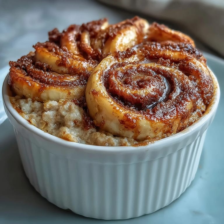 Close-up of fluffy Cinnamon Swirl Protein Banana Baked Oats revealing a moist interior and cinnamon topping, perfect for a single-serve vegetarian breakfast.