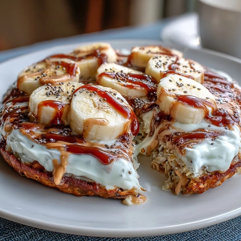 Peanut butter drizzle and fresh banana slices top this easy, high-protein vegetarian breakfast bowl recipe.