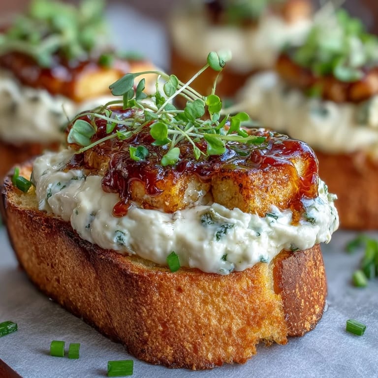 Crisp, warm crostini spread with soft goat cheese and cream cheese, finished with a vibrant red pepper flake honey drizzle.