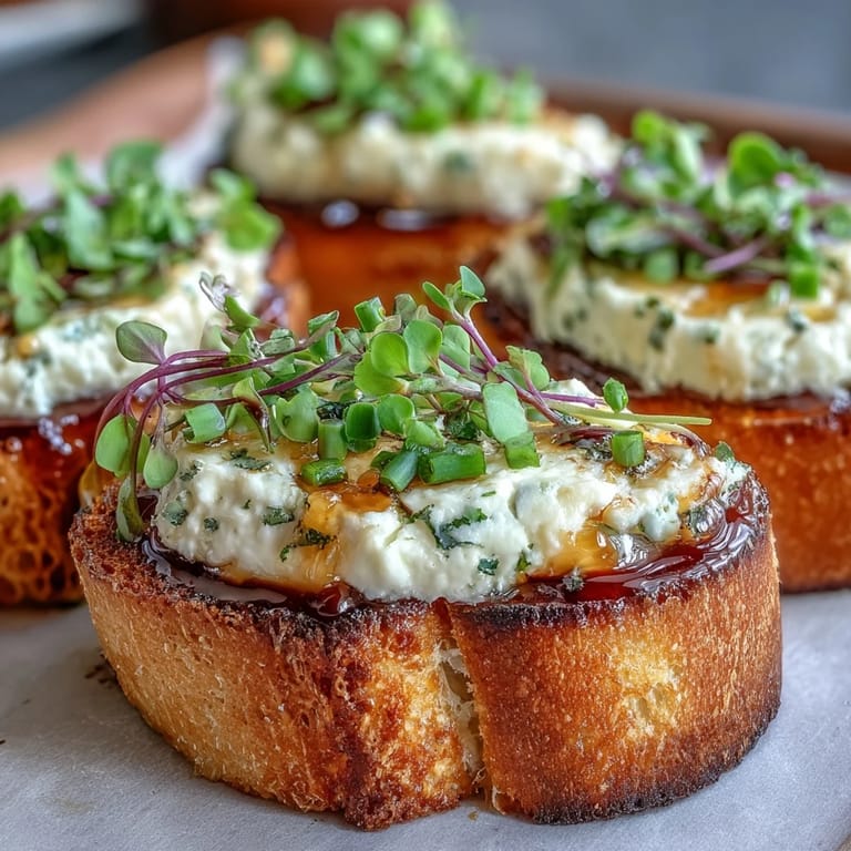 Fresh thyme garnishes a platter of homemade hot honey goat cheese crostini, ready to serve at a party.