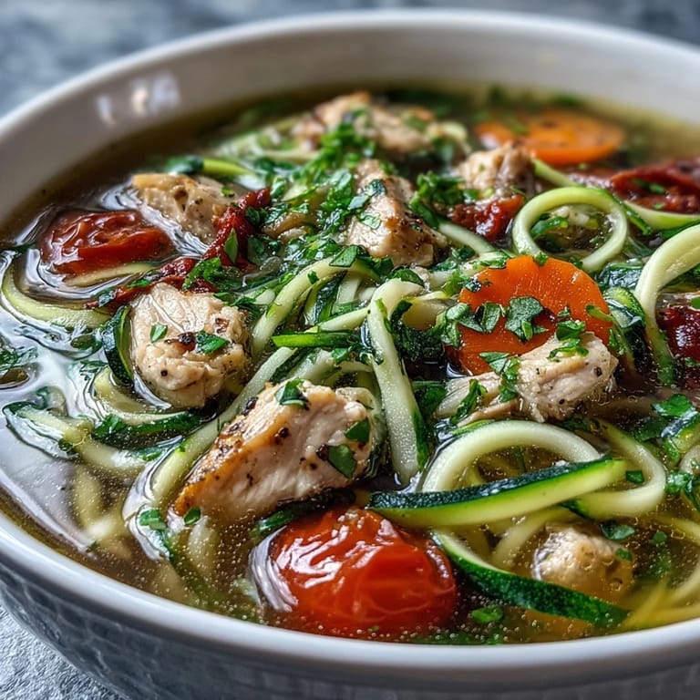 Steaming pot of Turkey and Veggie Zucchini Noodle Soup featuring spiralized zucchini noodles, baby spinach, and halved cherry tomatoes.