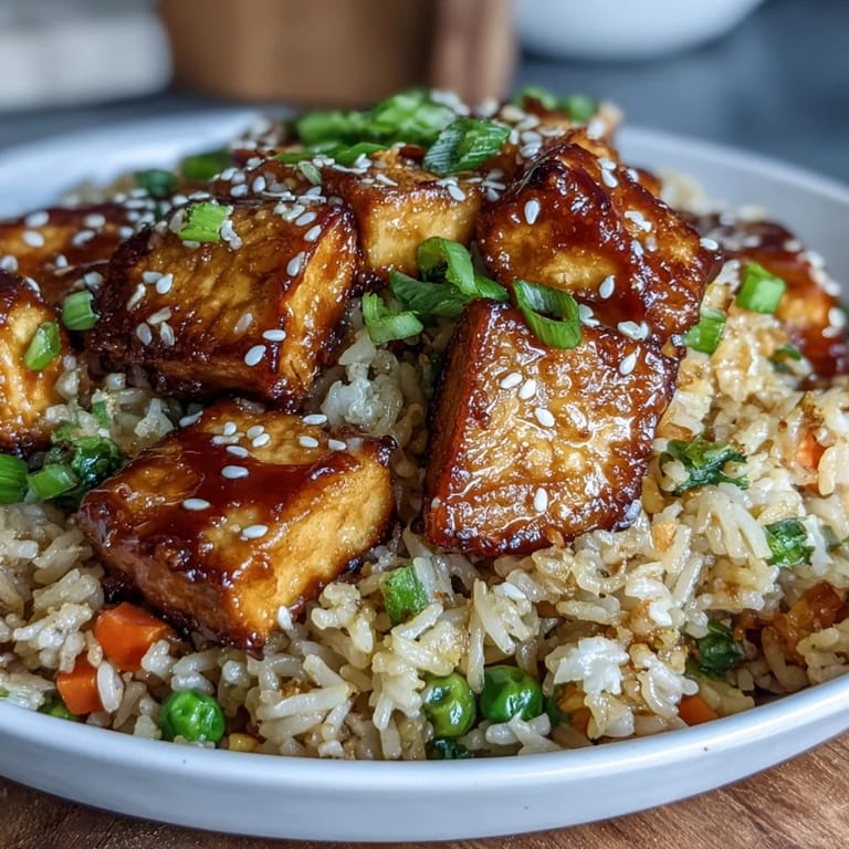 A fork lifts a hearty bite of Crispy Sesame Tofu Fried Rice from a warm bowl, revealing fluffy grains and crunchy tofu. 