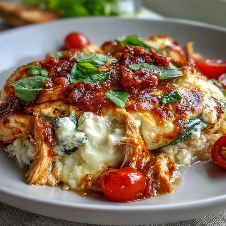 Creamy One-Pan Chicken Lasagna Orzo in a deep skillet, with ricotta dollops, wilted spinach, and halved cherry tomatoes.