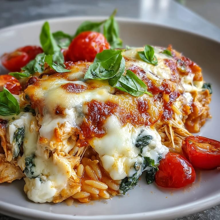 Skillet of One-Pan Creamy Chicken Lasagna Orzo garnished with fresh basil, paired with garlic bread and a crisp green salad.