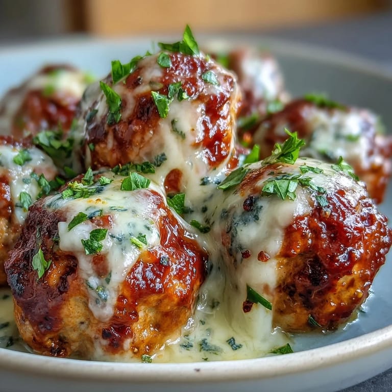 Tender Baked Spicy Chicken Parm Meatballs sit on spaghetti, garnished with parsley and grated Parmesan.