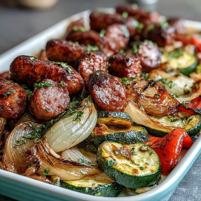 Savory Italian sausages, sweet peppers, and caramelized onions mingle on a single baking sheet for a vibrant Sheet Pan Italian Sausage with Peppers and Zucchini dinner.
