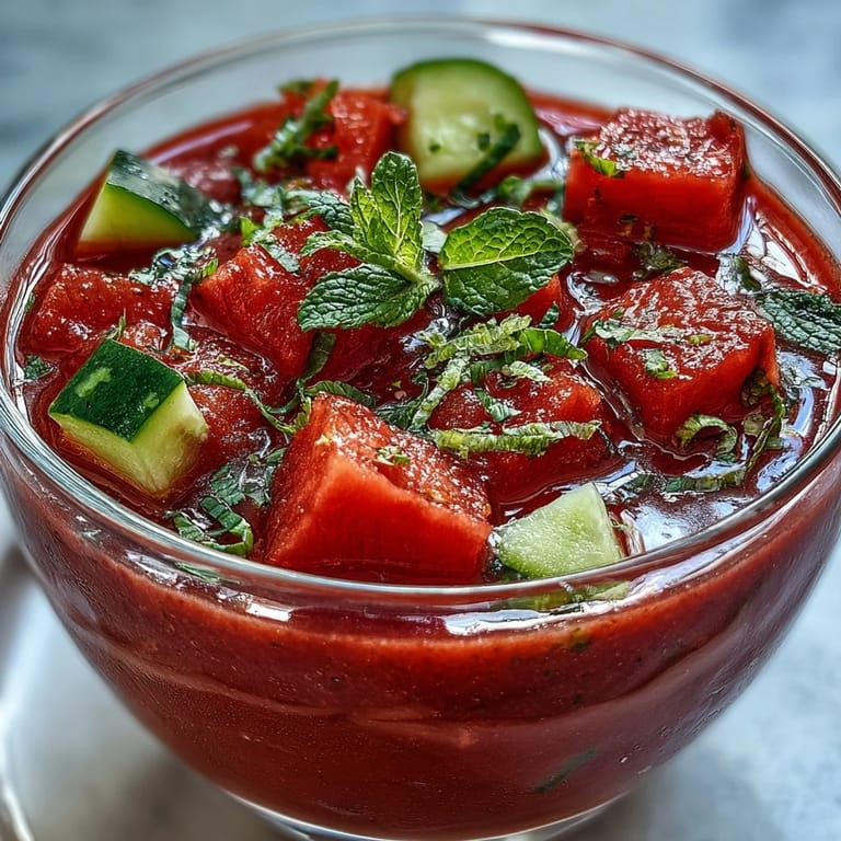 Top-down view of Vegan Watermelon Mint Gazpacho with Cucumber and Lime, highlighting the chilled soup’s smooth texture and colorful fresh produce garnish.