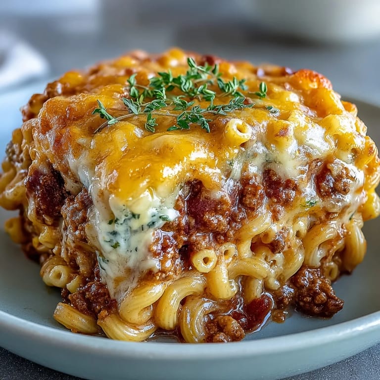 Hearty Baked Ranch Turkey Chili Mac casserole with tender pasta, ground turkey, beans, and zesty ranch seasoning baked to golden perfection.