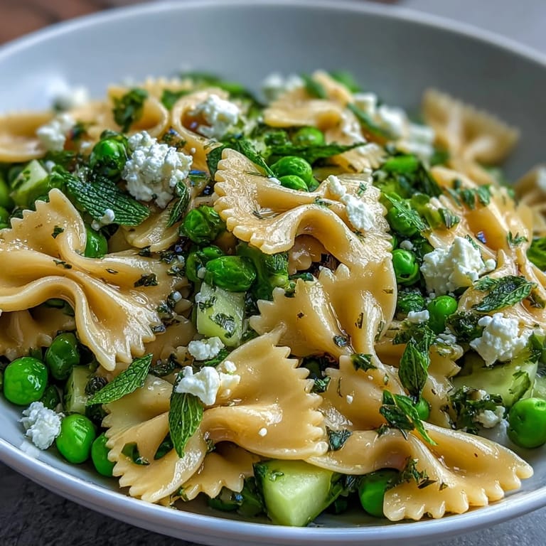 Colorful spring pea and mint pasta salad with lemon vinaigrette, garnished with crumbled feta for a bright and flavorful vegetarian dish.