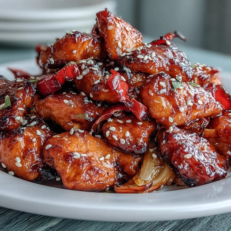 Spicy-sweet chicken diablo with tender vegetables and bold honey-soy sauce, garnished with green onions and sesame seeds.  