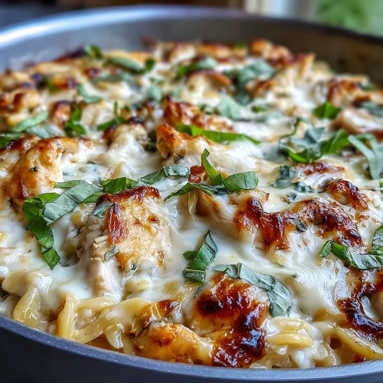 Easy One-Pan Chicken Lasagna Orzo with savory tomato sauce, shredded mozzarella, and dollops of creamy ricotta cheese.