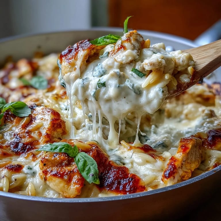 A comforting 30-minute skillet dinner featuring tender chicken, orzo pasta, and classic lasagna flavors with fresh basil garnish.  