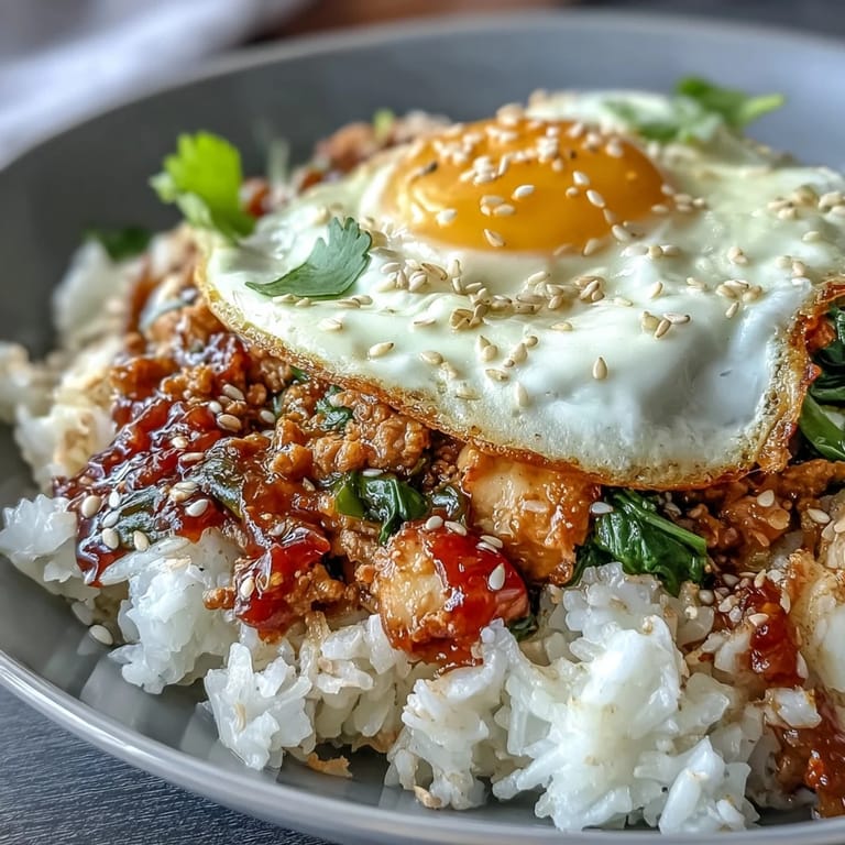 Spicy-sweet Korean-inspired turkey skillet served over fluffy rice, garnished with jammy egg, sesame seeds, and green onions for bold flavor.