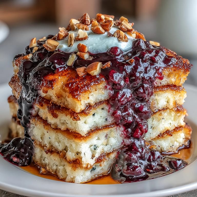 Fluffy whole grain pancakes made with Greek yogurt, served warm with a naturally sweet blueberry compote and crunchy chopped nuts.  