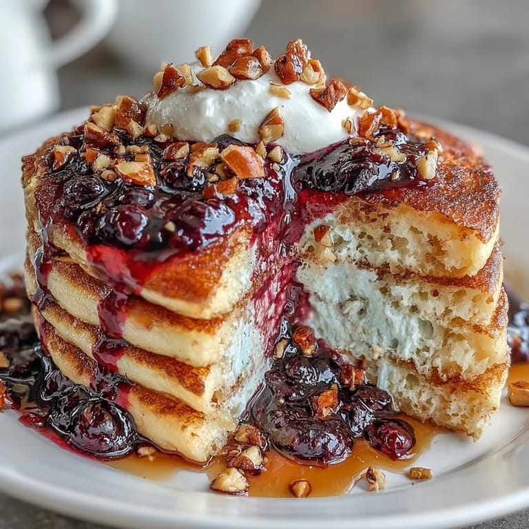 Protein-packed pancakes with a golden crust, drizzled with homemade blueberry compote and a dollop of creamy Greek yogurt on top.